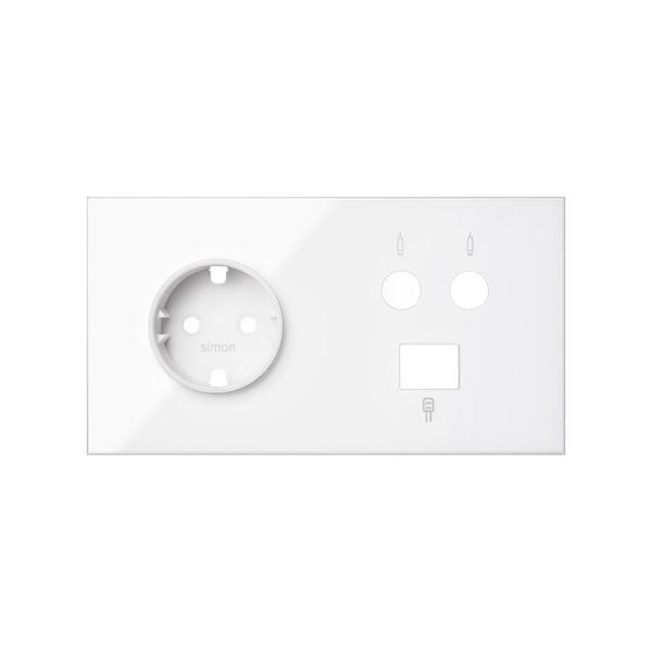 Kit front para 2 elementos con 1 base de enchufe schuko,1 toma R-TV+SAT única con 1 conector RJ45 6 UTP blanco brillante Simon 100