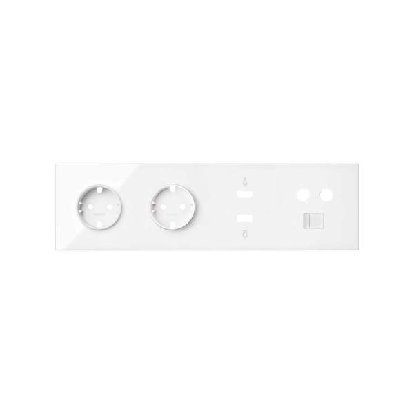 Kit front para 4 elementos con 2 bases de enchufe schuko, 1 conector HDMI + USB, 1 toma R-TV+SAT + 1 RJ45 blanco brillante Simon 100