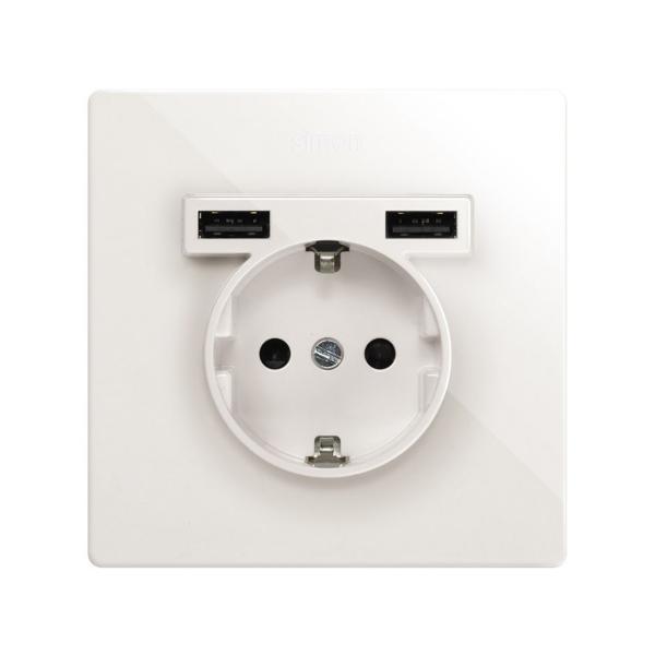 KIT MONOBLOCK SIMON 270 schuko+2 CARGADORES USB CON 1 ELEMENTO BLANCO