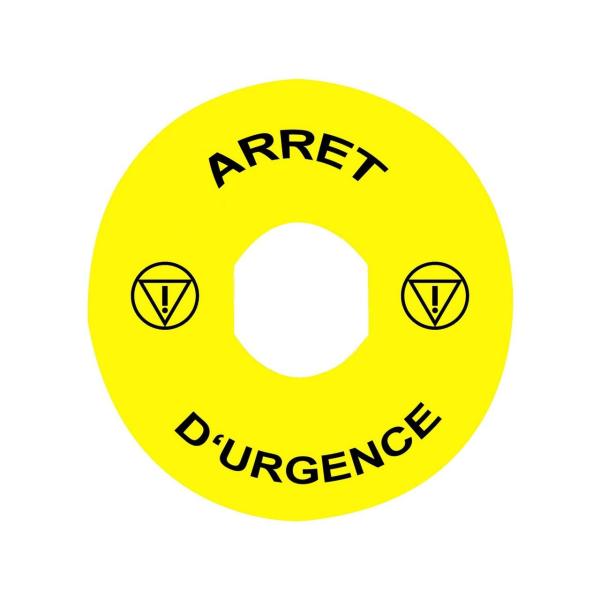 ETIQUETA CIRCULAR PULSADOR SETA "ARRET D'URGENCE" 90mm