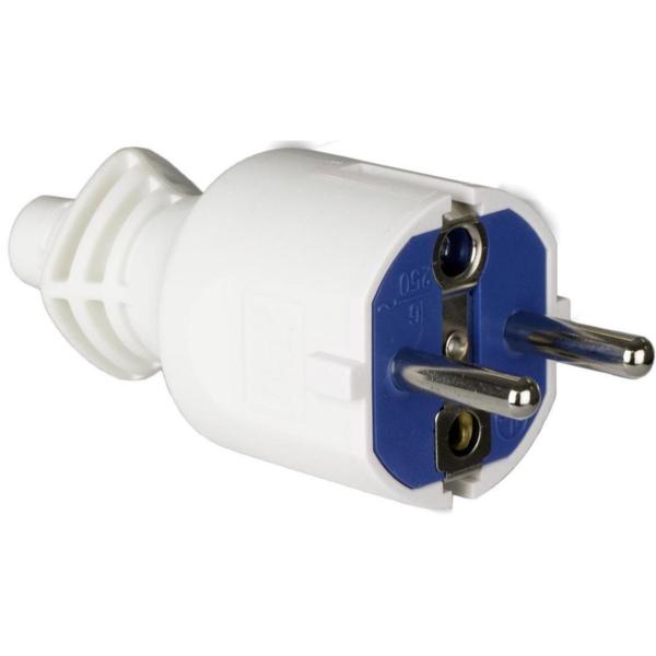 CLAVIJA 2P+T 16A 250V PVC C/DBL.SIST.A TIERRA,SUJETACABLES ATBL.P/FCIL EMBOR.BL